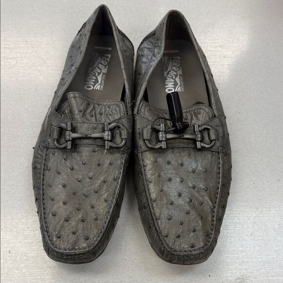 Salvatore Ferragamo Dark Gray Textured Loafers - Picture 1 of 6